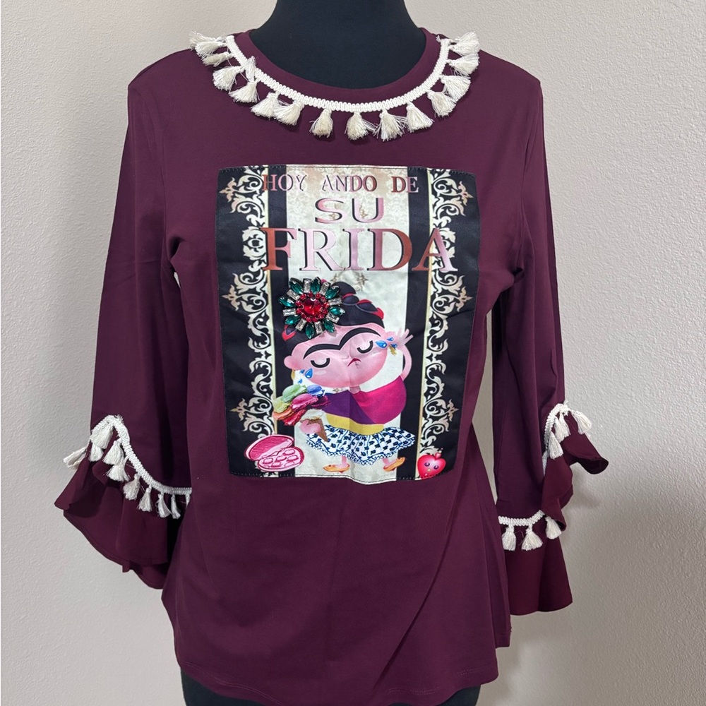 Women's Burgundy Frida Graphic Tassel-Trim Long Sleeve Top